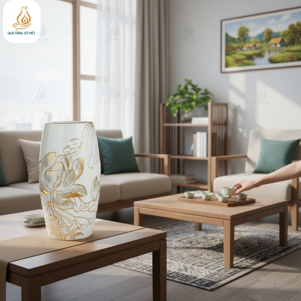 Bình hoa sứ trắng đắp nổi hoa sen dát vàng 24K ...