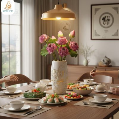 Bình hoa sứ trắng đắp nổi hoa sen dát vàng 24K ...