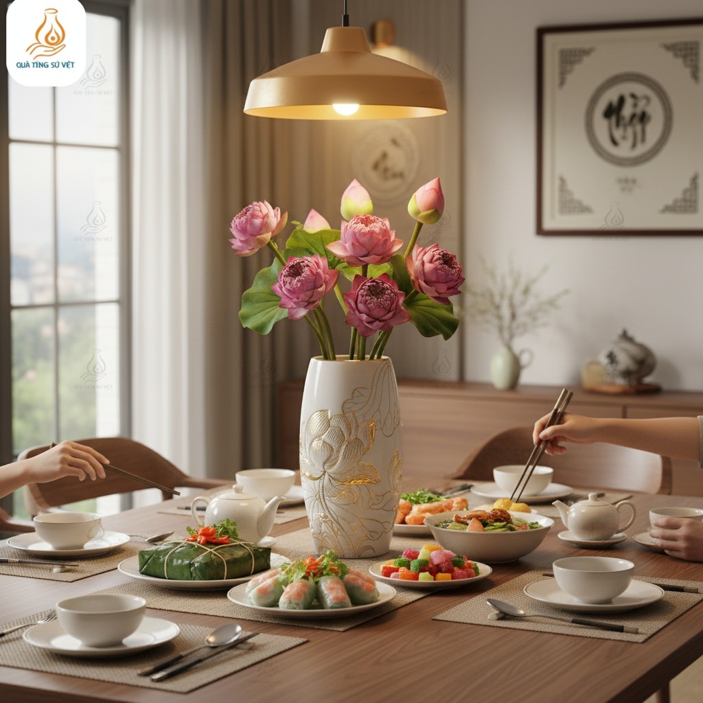 Bình hoa sứ trắng đắp nổi hoa sen dát vàng 24K ...
