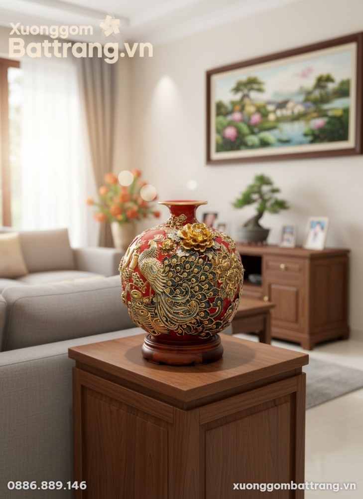 B&igrave;nh h&uacute;t lộc C&ocirc;ng Đ&agrave;o men đỏ 26cm với họa tiết ...