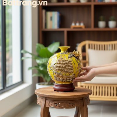 Cận cảnh bình gốm sứ 22cm men vàng đắp nổi 'Thu...