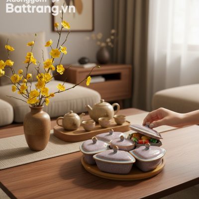 Khay mứt men hỏa biến tím hồng đặt trang trọng ...