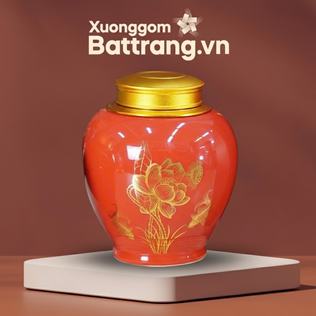 Hũ Đựng Trà Men Đỏ Nắp Vàng Họa Tiết Sen Cá XG-HDT15