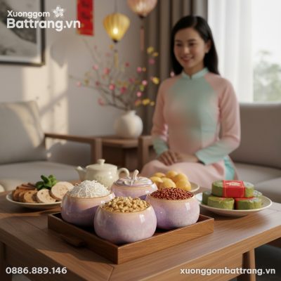 Cận cảnh bộ 4 hũ mứt men hỏa biến tím dáng bí t...
