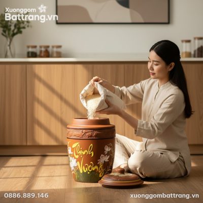Hũ gạo Bát Tràng với hoa văn chữ 'Thịnh Vượng' ...