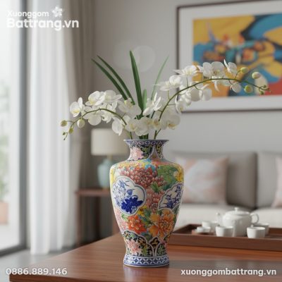cận cảnh Lọ hoa gốm Bát Tràng 35cm với họa tiết...